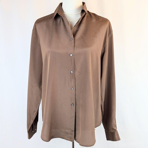 Vintage 1980s Women's Brown Silky Collared Blouse Button-Down Dress Top Sz 16 - Picture 1 of 10